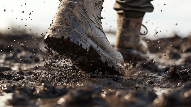 Muddy boots splashing through deep mud