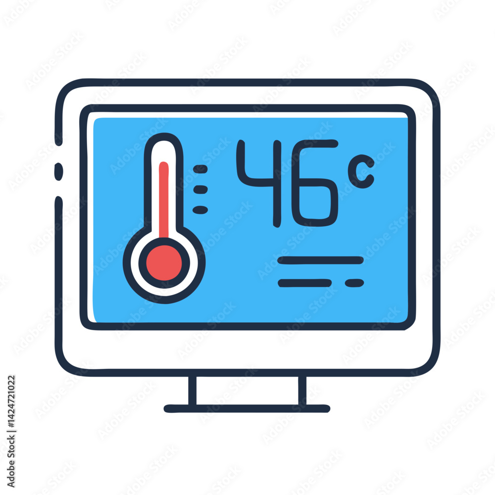 Poster digital thermometer showing high temperature on computer screen