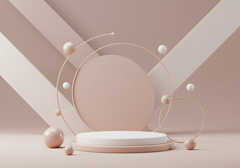Minimalist 3D Render Background with Podium, Spheres and Geometric Elements, Display Product, Abstract Beige Design