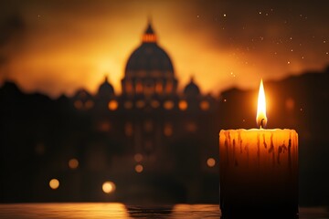 Vatican City, burning candle late at night with St. Peter's Basilica in the background, the death of the pope pontiff, grief and pain of loss, conclave