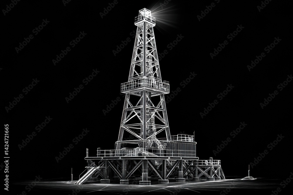 Aufkleber 3d wireframe model of an oil rig illuminated against a dark background showcasing structural details