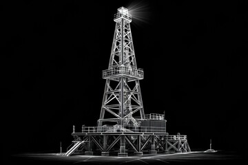 3D Wireframe Model of an Oil Rig Illuminated Against a Dark Background Showcasing Structural Details and Engineering Design