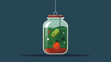 A glass jar filled with pickled vegetables labeled The Pickled Pendulum of Fear with a tiny pendulum swinging back and forth inside..