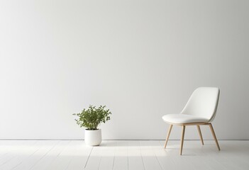 A white chair sitting next to a potted plant in a room.