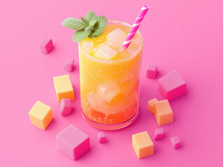 Close up shot of an alcohol-free or non-alcoholic drink in the glass. Ice cubes and mint leaves. Minimal creative concept of summer refreshment
