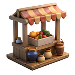 A merchant booth made of wood with a canvas top, filled with baskets and medieval items like fruits , medieval game 3d icon