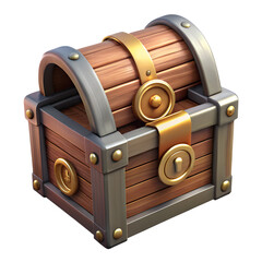 reinforced wooden chest slightly open, medieval game 3d icon