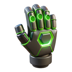 a robotic glove with glowing circuits and reinforced fingers. Colored in dark gray with neon green lines. Fist clenched in a power pose., medieval game 3d icon