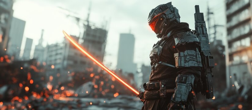 Post-apocalyptic warrior with glowing sword