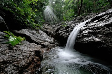 Fototapeta premium A beautiful stream gracefully winds through a mystical forest, surrounded by smooth rocks and vibrant greenery, evoking a sense of wonder and adventure in nature.