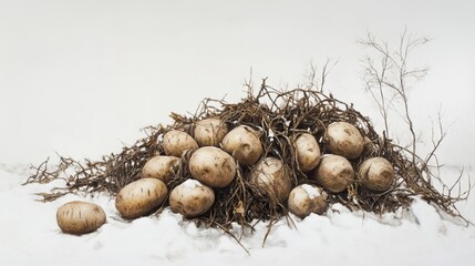 Raw potatoes, freshly harvested, shown against a stark white backdrop.
 