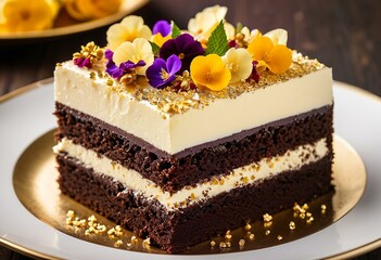 A piece of chocolate cake on a white plate with flowers.