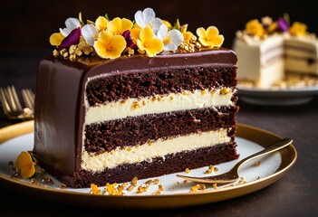 A piece of chocolate cake on a white plate with flowers.