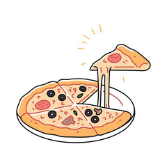 Cheesy pizza with one slice being lifted. Tasty cartoon illustration featuring melted cheese, pepperoni, and toppings. Ideal for food blogs, menus, and playful designs. Vector isolated on white.
