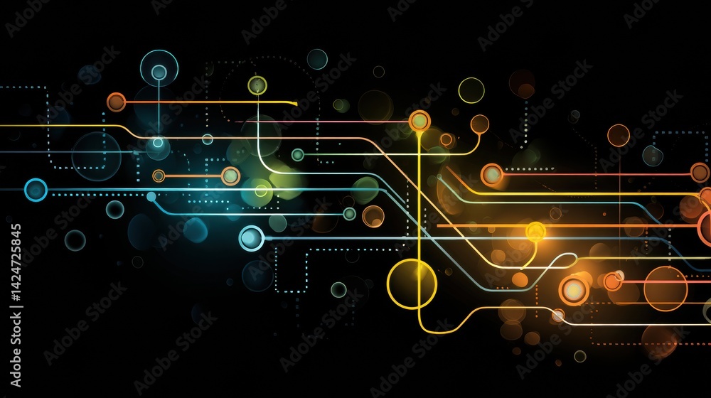 Poster Modern Digital Art Representation of Oil Pipelines Glowing on a Black Background With Vibrant Dots and Lines