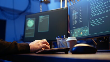 Hackers typing fast on keyboard in graffiti painted hideout, rushing to finish developing spyware software, using it to gather data from users computers without their knowledge, camera A close up