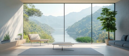 Fototapeta premium Modern Living Room with Panoramic Mountain Views