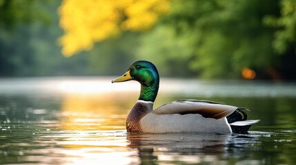 Obraz premium Mallard duck on a tranquil lake at sunrise