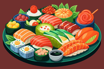 vector of Colorful sushi set with salmon fish and vegetables beautifully displayed