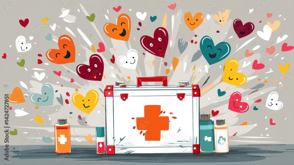 Poster Colorful First Aid Kit Bursting With Hearts and Smiles Creating a Joyful Atmosphere and Spreading Positivity in an Imaginative Way