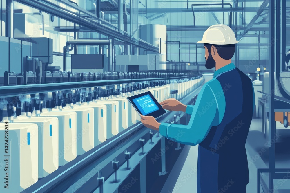 Poster factory worker using tablet to monitor automated production line of cylindrical containers.