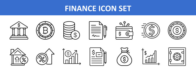 Finance and Banking Icon Set in Line Style, Vector icon collection showcasing finance, banking, cryptocurrency, investment, and savings symbols for web, apps, and presentations.
