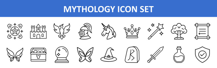Mythology and Fantasy Line Icon Set, Collection of mythology and fantasy-themed vector icons including magical creatures, symbols, weapons, and enchanted objects in linear style.
