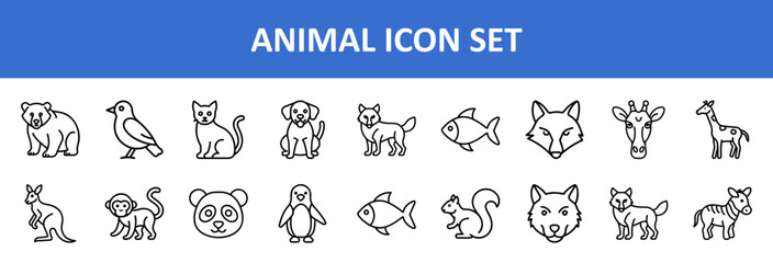 Hand-drawn Animal Icons for Graphic Design, A clean set of hand-drawn animal icons including wild, domestic, and aquatic creatures, ideal for web, apps, and infographics.