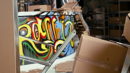 Wreckage left over by vandals in criminals headquarters with graffiti drawings sprayed on walls....