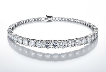 A diamond tennis bracelet on a white background.