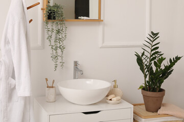 Sink bowl with bath accessories on chest of drawers, houseplant and bathrobe in bathroom