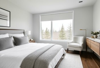 Fototapeta premium A bedroom with a large bed and a white rug.
