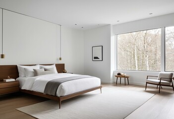 Fototapeta premium A bedroom with a large bed and a desk.