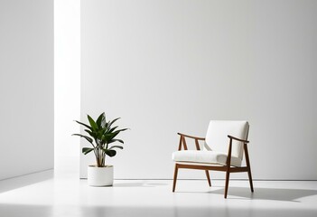 A chair and two potted plants in a white room.