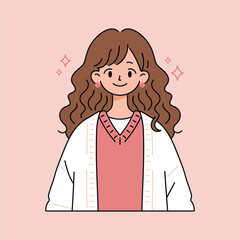 Smiling girl with wavy hair in a cozy outfit. Cute cartoon-style portrait illustration isolated on a pastel pink background. Perfect for avatars, lifestyle blogs, and character designs.
