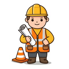 Construction worker with blueprint and traffic cone