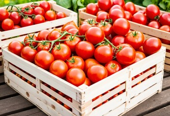 A bunch of wooden crates filled with lots of tomatoes.