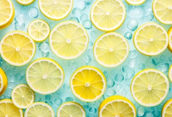 Fototapeta premium A bunch of sliced lemons and ice on a blue surface.