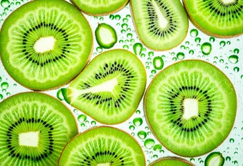 Fototapeta premium A bunch of kiwi slices with water droplets on them.