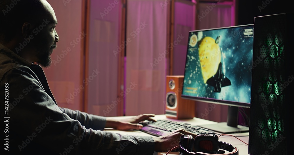 Aufkleber man playing sf space videogame on pc screen in neon illuminated apartment living room. gamer enjoyin