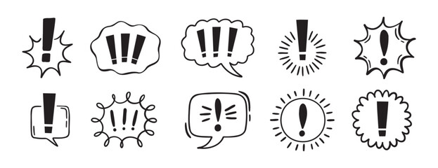 exclamation mark icon with bubble chat set, comix exclamation mark icon doodle hand drawn. Outline line drawing clipart symbol © Yanka