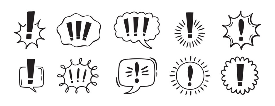 exclamation mark icon with bubble chat set, comix exclamation mark icon doodle hand drawn. Outline line drawing clipart symbol