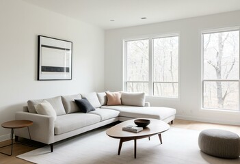 A living room filled with furniture and a large window.