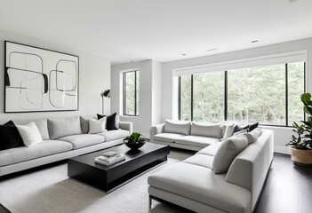 A living room filled with furniture and a large window.
