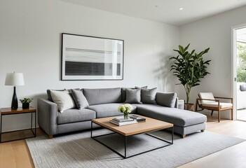 A living room with a gray sectional couch and a coffee table.