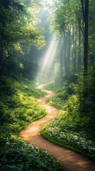 Sunlit path winding through a lush forest