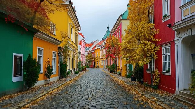 Autumnal Charm: A Picturesque Cobblestone Street in Europe