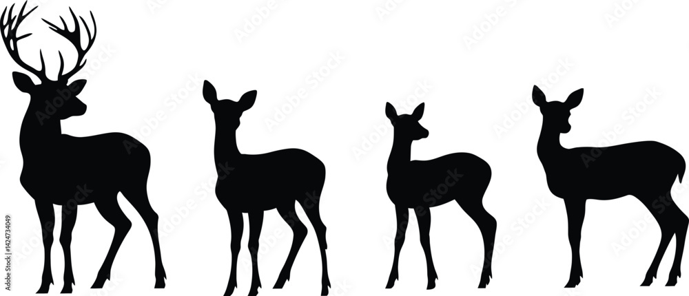 Poster silhouette icon set featuring deer including stag and doe variations for design projects