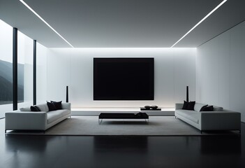 Fototapeta premium A living room with a black couch and a flat screen television.