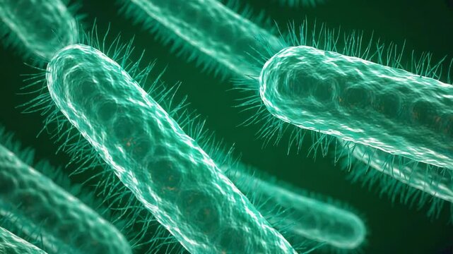 Detailed microscopic view of rod-shaped bacteria cells with surface filaments on a dark green background, showcasing cellular biology and microbiology concepts